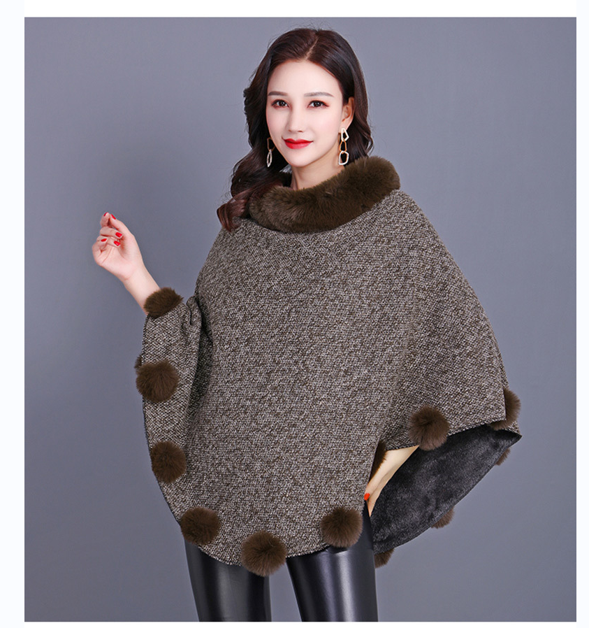 SOFT MONOCHROME FUR COLLAR FUR BALL ACCENT PONCHO